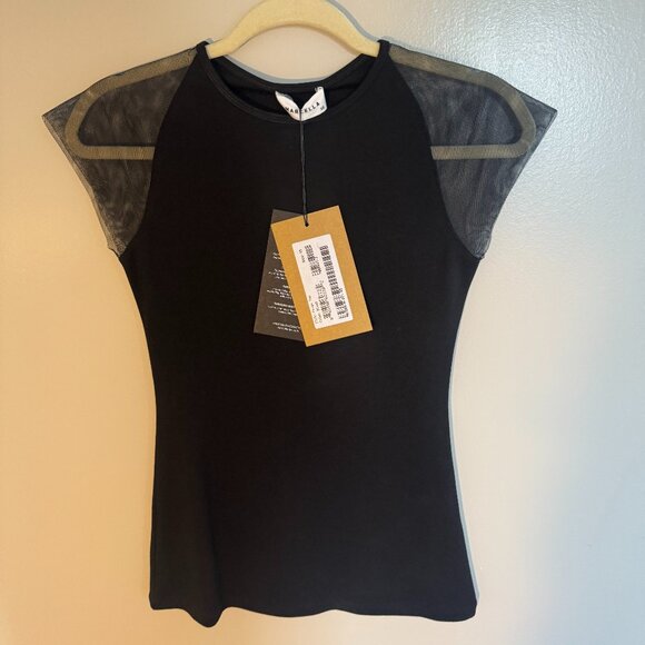 Marcella NYC Black Cap Sleeve Top w/ Sheer Mesh Shoulders — Size XS (NWT) - Picture 1 of 2